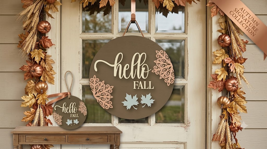 Hello Fall Round Wooden Door Sign with Maple Leaf Accents