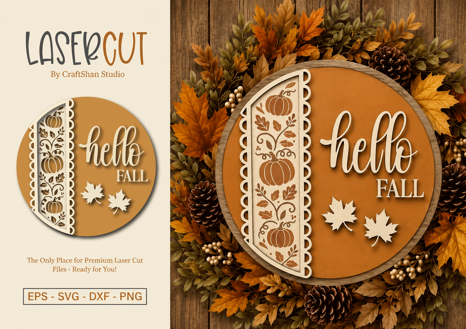 Hello Fall Round Door Sign with Autumn Pumpkin Motif